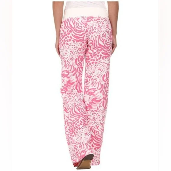 Lilly Pulitzer Beach Pant Get Spotted Wide Leg Linen Animal Print Pink Size XXS - Picture 2 of 9